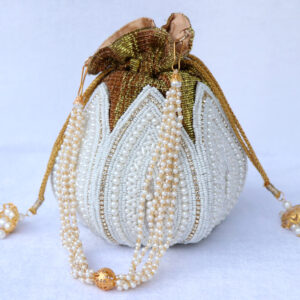 purse handbag ladies women party bridal festival occasion white golden lotus potli