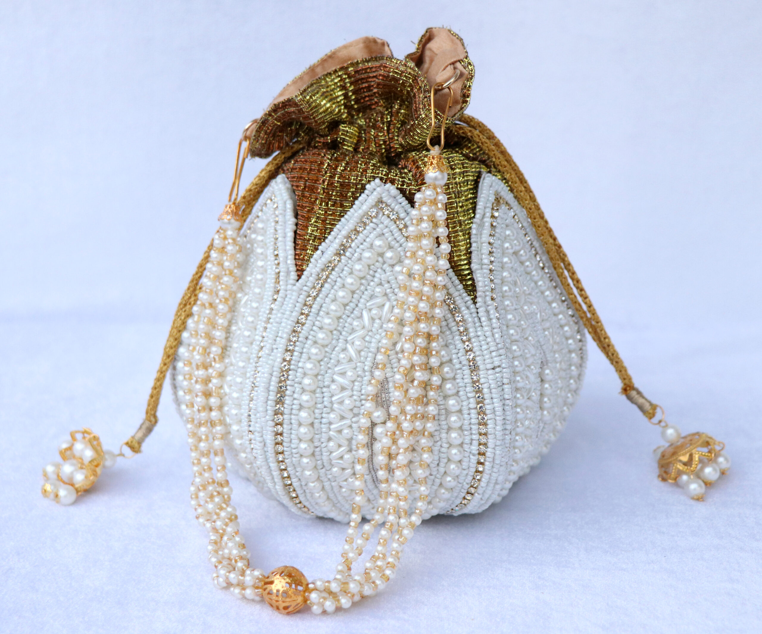 purse handbag ladies women party bridal festival occasion white golden lotus potli